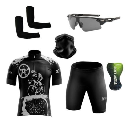 Imagem de Conjunto de Ciclismo Camisa e Bermuda C/ Proteção UV + Óculos Esportivo Espelhado + Par de Manguitos + Bandana