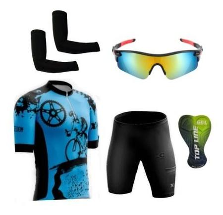 Imagem de Conjunto de Ciclismo Camisa e Bermuda C/ Proteção UV + Óculos Esportivo Espelhado + Par de Manguitos