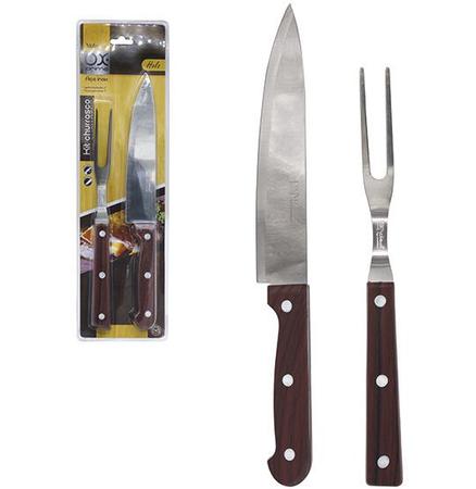 Imagem de Conjunto de faca de churrasco 7'' + garfo 5'' de inox cabo plastico marrom holz ox prime