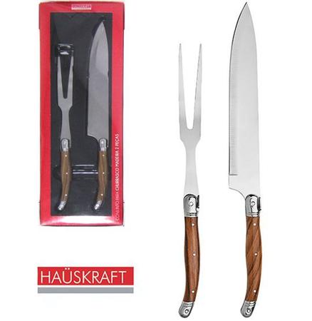 Imagem de Conjunto de faca de churrasco 8'' + garfo de inox cabo tipo madeira hauskraft