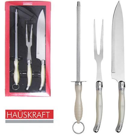 Imagem de Conjunto de faca de churrasco 8'' + garfo e chaira de inox cabo perola hauskraft