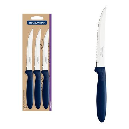 Imagem de Conjunto de facas para churrasco tramontina ipanema com lâminas em aço inox e cabos de polipropileno azul 3 peças