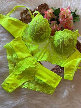 Conjunto de lingerie em renda com bojo e calcinha biquíni verde neon –  Katherine – Toda Feminina
