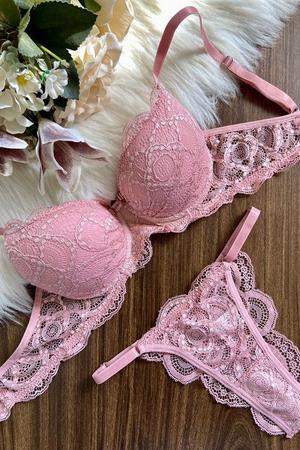 Conjunto de lingerie de renda e calcinha fio com regulagem rosa romance -  MULTI MARCAS - Conjunto de Lingerie - Magazine Luiza