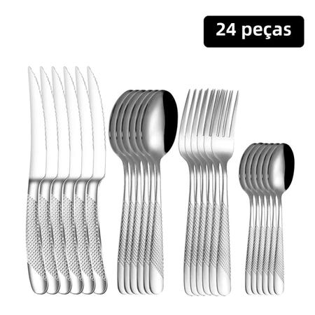 Imagem de Conjunto de Louça de Aço Inoxidável 24 Peças - Talheres para Família (Bife, Garfo, Colher de Sobremesa)