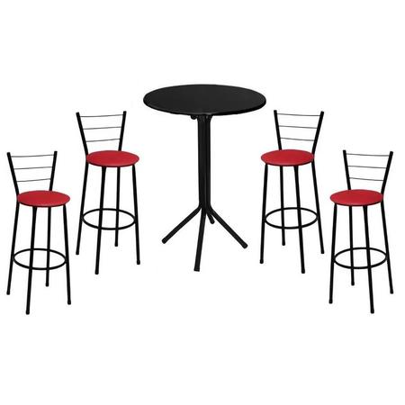 Imagem de Conjunto de Mesa Bistrô Alta com Tampo Preto e 4 Banquetas Assento Vermelho Fortmix