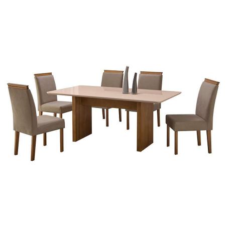 Imagem de Conjunto de Mesa de Jantar com 6 Cadeiras e Tampo de Madeira Maciça Milão Reta I Suede Cinza e Off White