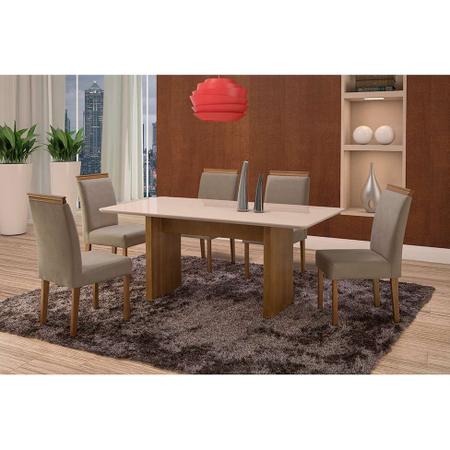 Imagem de Conjunto de Mesa de Jantar com 6 Cadeiras e Tampo de Madeira Maciça Milão Reta I Suede Cinza e Off White