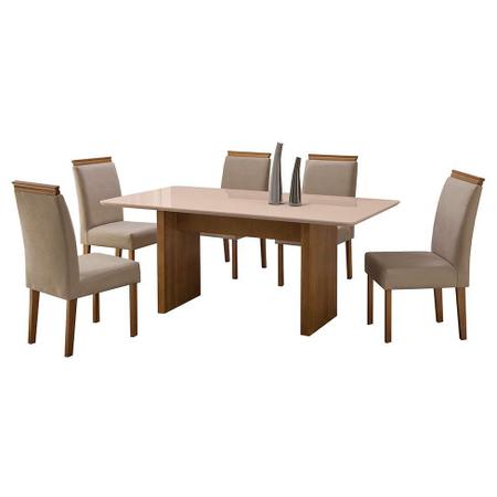 Imagem de Conjunto de Mesa de Jantar com 6 Cadeiras e Tampo de Madeira Maciça Milão Reta II Suede Cinza e Off White