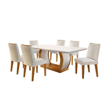Conjunto de Mesa de Jantar com 6 Cadeiras Estofadas Maia I Veludo Off White  e Creme