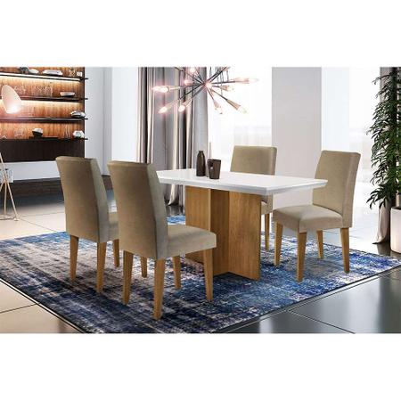 Imagem de Conjunto de Mesa de Jantar com Tampo Off White Ane e 4 Cadeiras Grécia Linho Bege e Imbuia