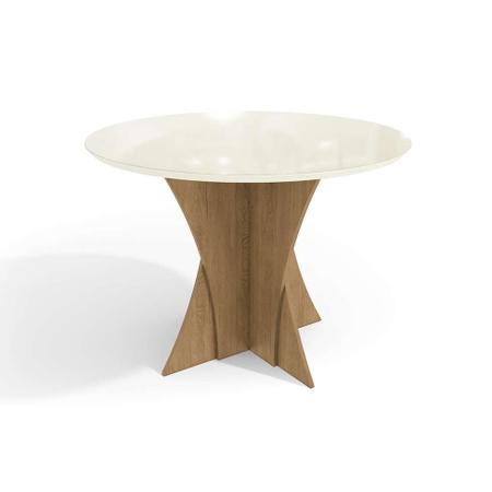 Conjunto de Mesa de Jantar Redonda com Tampo de Vidro Off White Figueira e  4 Cadeiras Gabi Linho Bege e Freijó