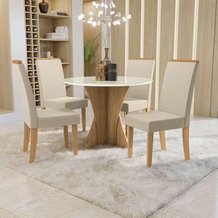 Conjunto de Mesa de Jantar Redonda com Tampo de Vidro Off White Figueira e  4 Cadeiras Gabi Linho Bege e Freijó