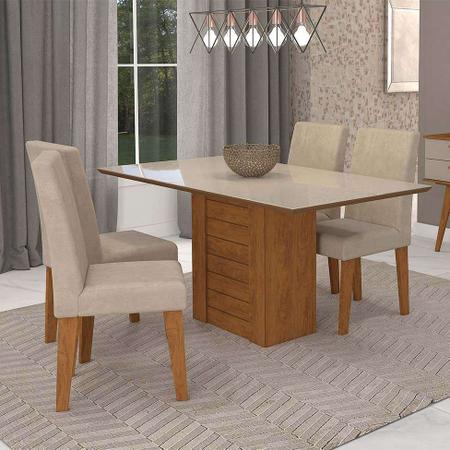 Imagem de Conjunto de Mesa de Jantar Retangular Rafaela com 4 Cadeiras Milena Suede Bege e Off White