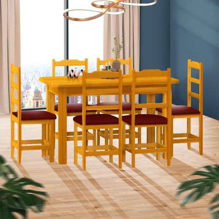 Imagem de Conjunto de Mesa de Madeira com 6 Cadeiras Estofadas - Cerejeira Vermelho