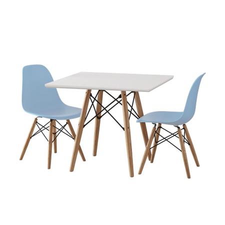 Imagem de Conjunto de Mesa Eames Eiffel Infantil Madeira 68cm Quadrado Branco 2 Cadeiras Azul