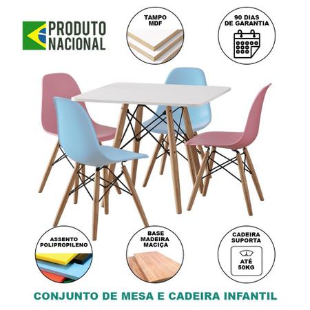 Imagem de Conjunto de Mesa Eames Infantil 68cm Quadrado Branco 2 Cadeira Azul e 2 Rosa