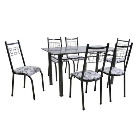 Imagem de Conjunto de Mesa Granada com 6 Cadeiras Lisboa Preto Prata e Branco Floral