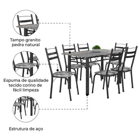 Imagem de Conjunto De Mesa Itália Com 6 Cadeiras 1,40m Artefamol Granito / Dark