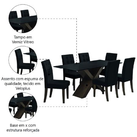 Imagem de Conjunto De Mesa Para Sala de Jantar Dubai 1,80m MDF com 6 Cadeiras Castanho / Preto