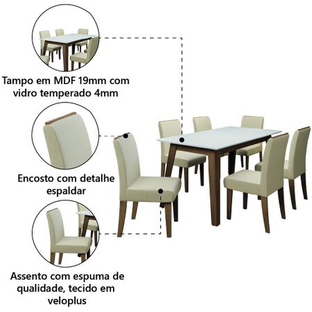 Imagem de Conjunto de Mesa Sala de Jantar Tampo Com Vidro 6 Cadeiras Nova York 1,60m Cedro / Off White / Areia Dobuê