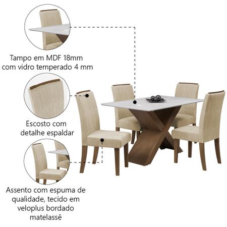 Imagem de Conjunto de Mesa Sala de Jantar Tampo Com Vidro Grécia 4 Cadeiras Off White / Bege / Cedro 1,36m Dobuê