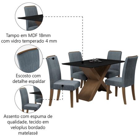 Imagem de Conjunto de Mesa Sala de Jantar Tampo Com Vidro Grécia 4 Cadeiras Preto / Cinza / Cedro 1,36m Dobuê