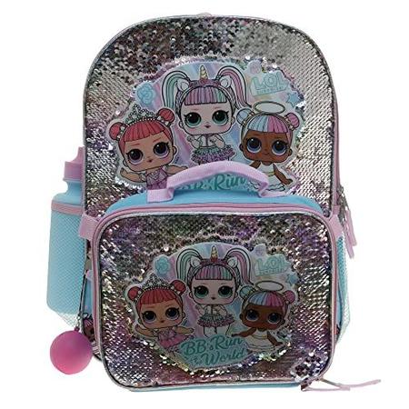 Imagem de Conjunto de mochila feminina LOL de 4 peças, bolsa escolar de lantejoulas com bolso frontal com zíper, 2 bolsos laterais de malha, lancheira isolada, garrafa de água e bola de squish, arco-íris turquesa