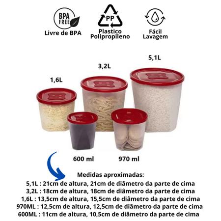 Imagem de Conjunto De Potes Mantimentos Redondo 5 Peças Jaguar Transparente Com Tampas Colors Livres De BPA