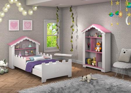 Imagem de Conjunto de quarto Princesa com cama e estante Branco/Rosa - Vitamov 