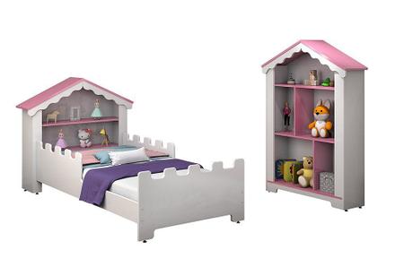 Imagem de Conjunto de quarto Princesa com cama e estante Branco/Rosa - Vitamov 
