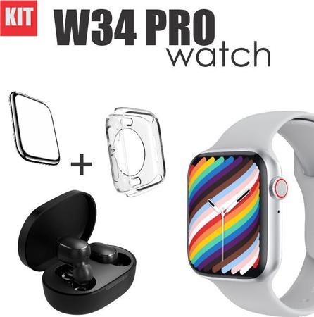 Conjunto de Smartwatch W34 PRO mais Fone Bluetooth case protetora