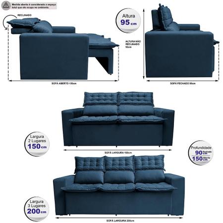 Imagem de Conjunto de Sofá 3 e 2 Lugares Retrátil e Reclinável Cama inBox Slim 2,00x1,50m Velusoft Azul
