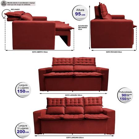 Imagem de Conjunto de Sofá 3 e 2 Lugares Retrátil e Reclinável Cama inBox Slim 2,00x1,50m Velusoft Vermelho