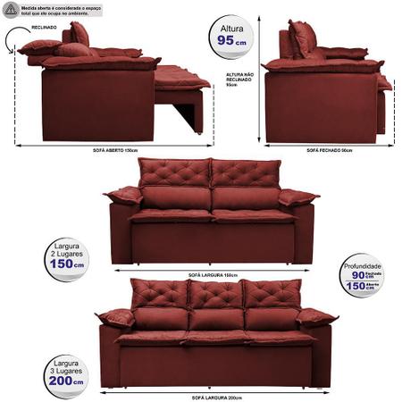 Imagem de Conjunto de Sofá 3 e 2 Lugares Retrátil Reclinável Cama inBox Compact 2,00x1,50m Velusoft Vermelho