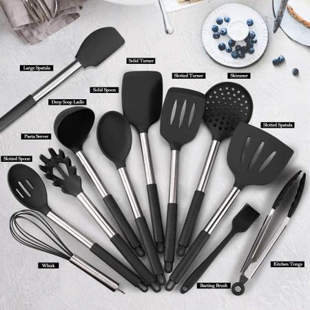 Imagem de Conjunto de utensílios de cozinha de silicone, EAGMAK 14PCS Aço Inoxidável Cozinha de Silicone Utensílios Espátula Conjunto espátula com suporte para panela antiaderente, utensílios de cozimento de silicone não tóxicos BPA livre (preto)