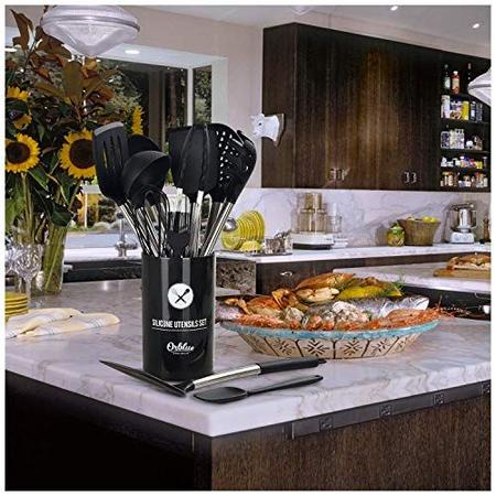 Imagem de Conjunto de utensílios de cozinha de silicone ORBLUE, utensílios de cozinha de 14 peças com suporte, cabeças de silicone de grau alimentar seguro e alças de aço inoxidável com tampas de alça de silicone à prova de calor, preto