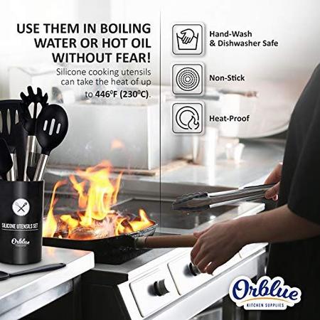 Imagem de Conjunto de utensílios de cozinha de silicone ORBLUE, utensílios de cozinha de 14 peças com suporte, cabeças de silicone de grau alimentar seguro e alças de aço inoxidável com tampas de alça de silicone à prova de calor, preto