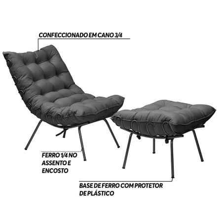 Imagem de Conjunto Decorativo Poltrona e Puff Abel Base de Ferro Preto Suede Cinza G41 - Gran Belo