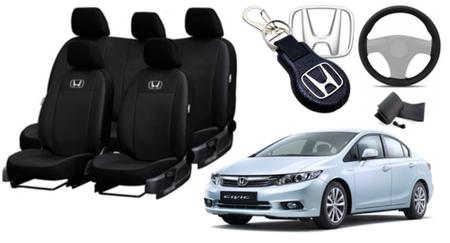 Imagem de Conjunto Exclusivo Design Honda Civic 2011-2017 + Volante + Chaveiro Couro