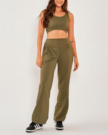 Conjunto Feminino Cal a e Cropped Moletom Verde Militar