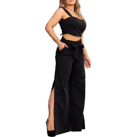 Conjunto feminino cal a pantalona com fenda cintura alta e cropped