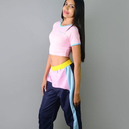 Imagem de Conjunto Feminino Calça Tricolor Com Cropeed BABE Azul e Rosa Tendência Blogueira Estilo Gringa