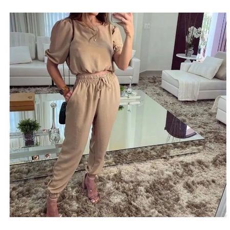 Conjunto feminino cropped manga curta e cal a jogger duna