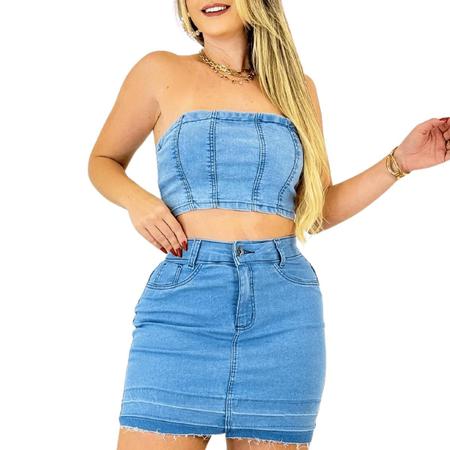 Imagem de Conjunto Feminino Jeans Top e Saia Clara Com Lycra Tendência Casual Com Alça Para Mulheres