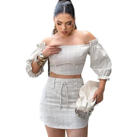 Conjunto Feminino Linho Cropped com manga e Saia - Charmmodel Imagem de Conjunto Feminino Linho Cropped com manga e Saia