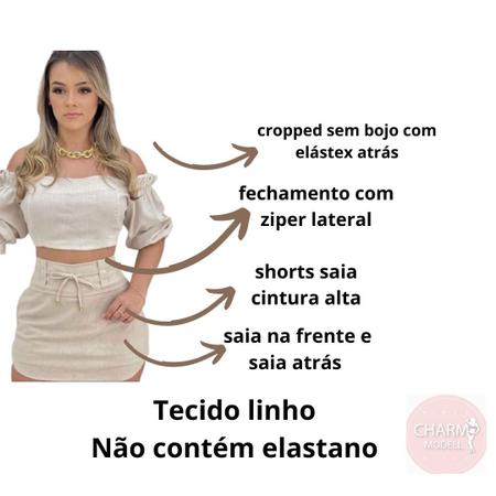 Conjunto Feminino Linho Cropped com manga e Saia - Charmmodel Imagem de Conjunto Feminino Linho Cropped com manga e Saia