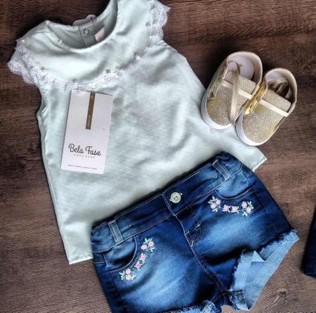 Conjunto feminino verao shorts jeans e blusinha cor verde marca bela fase moda bebe Conjuntos de Bebes Magazine Luiza