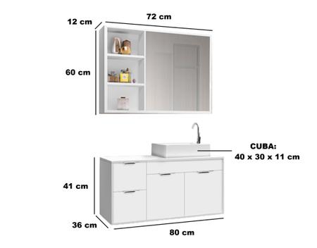Imagem de Conjunto Gabinete Banheiro c/ Espelheira - CJ Turin 80 Cm c/ Tampo de Vidro
