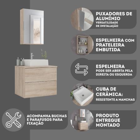 Imagem de Conjunto Gabinete Banheiro RUBI 60cm - Gabinete + Cuba + Espelheira - Madeirado Inteiro